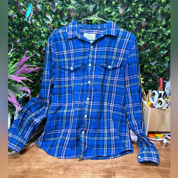 Womens Blue Plaid Button-Up Top with Blush Accents - Picture 2 of 4